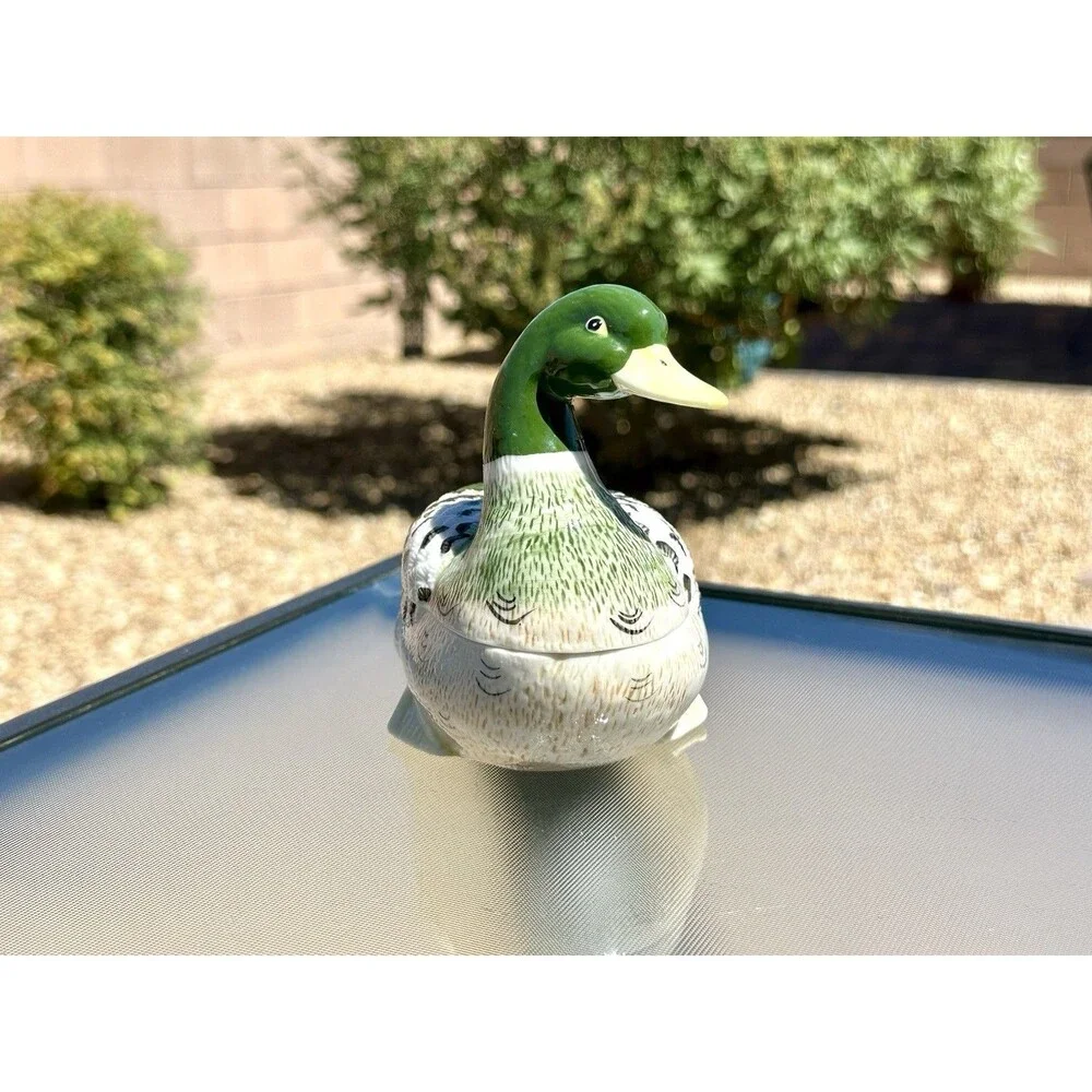 Vintage Porcelain Male Mallard Duck Figural Trinket Box/ Small Candy Dish  6” L